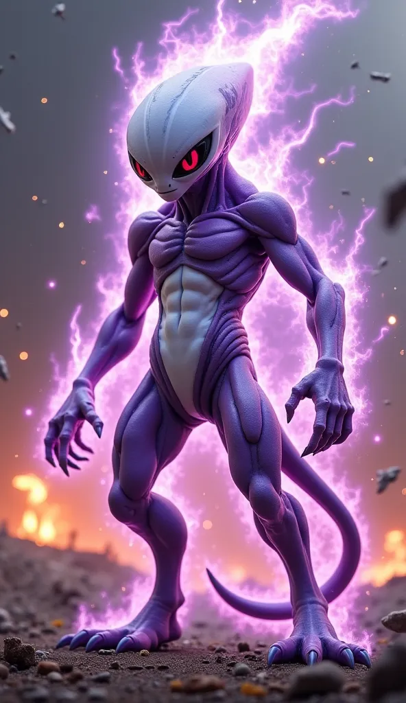 Create an image of a powerful, alien humanoid with smooth, light purple skin and dark purple markings on its body. The creature has an athletic, muscular build but is compact, standing at about 5 feet tall. Its head is large, oval-shaped, with a smooth, do...