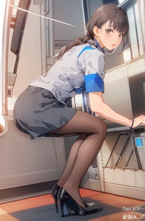 stewardess uniform（ANA flight attendant uniforms、I'm wearing black pantyhose、pin heels）、（full body portrait）best quality、nsfw、8k、realistic、very delicate and beautiful、 perfect woman's body、beautiful woman、mature woman