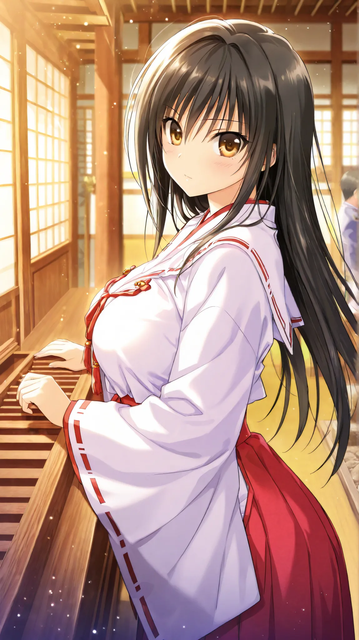 {kotegawa yui},{ to loveru darkness},Detailed particles, depth_of_field, high resolution, high quality, ,uniform, sexy,, high quality, high resolution olution, detailed image, beautiful girl, beautiful to the eye,Japanese room，，，big breast，shrine maiden，，S...