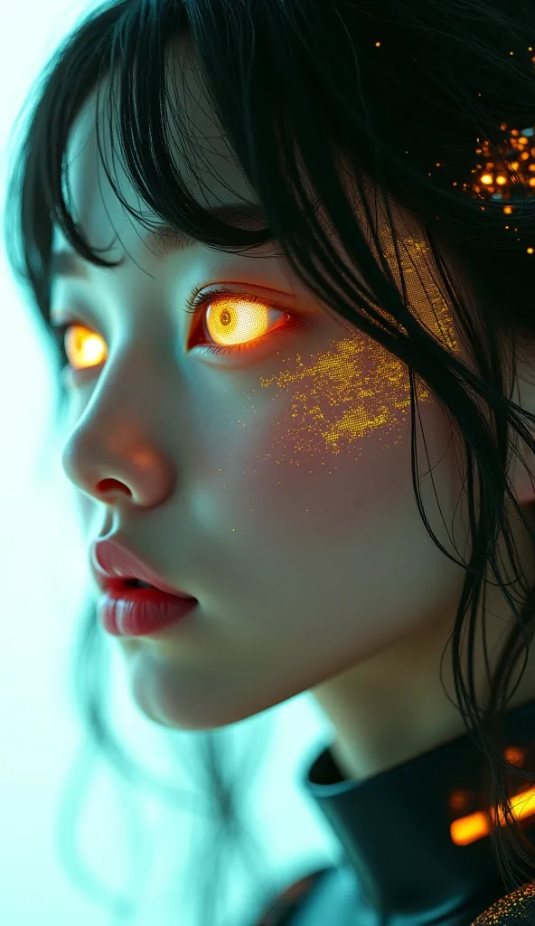 (masterpiece), (high quality), hyper-realistic surreal portrait of an AI girl with mesmerizing, penetrating eyes

Focal Point: Eyes
- Intense, almost luminescent eyes with digital circuitry patterns
- Eyes reflecting complex data visualizations and algorit...