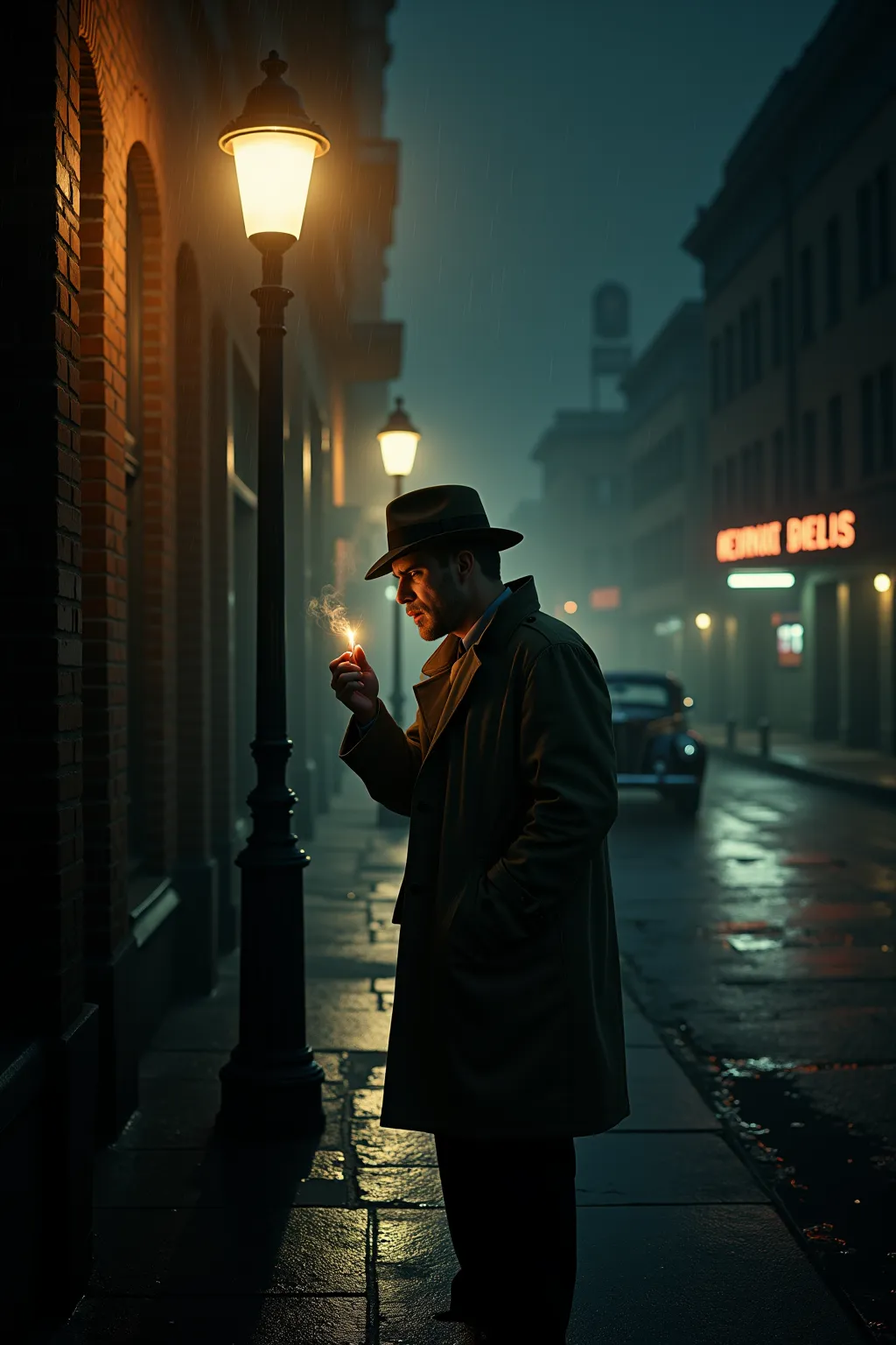 Create a cinematic, photorealistic image of a lone detective in a classic film noir setting, standing under the dim glow of a flickering streetlamp on a rain-slicked city street at night. He wears a trench coat and fedora, the brim casting a shadow over hi...