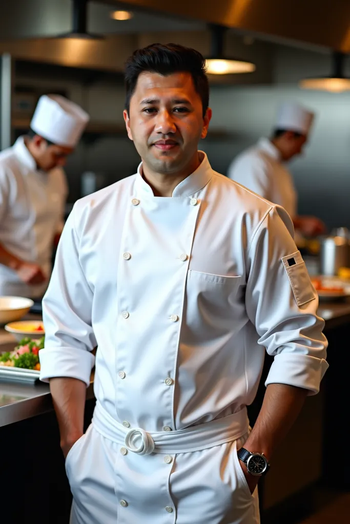 
A 35-year-old Indonesian executive chef stands in a hotel kitchen, focused on the camera. Looks elegant wearing a long-sleeved chef's jacket, the photo quality is very sharp. Behind him, other chefs are busy cooking food. His body looks full and handsome,...