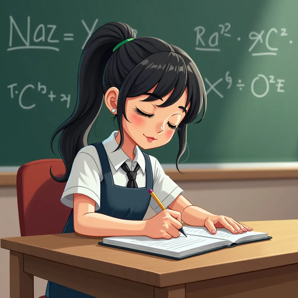 make a cartoon of a twelve year old girl writing in her mathematical reasoning notebook,  with Latin features, with black hair tied in a tail, with a white blouse in uniform without a tie "with a blackboard in front of her" And let him have the word "Raz ....