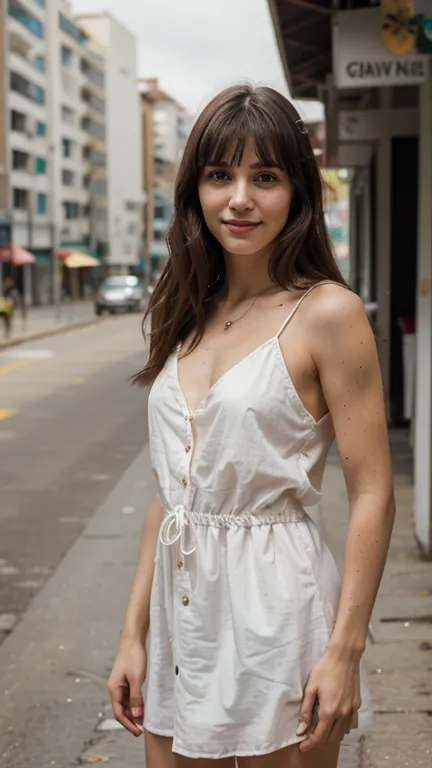 Standing confidently on the beach in a sundress**: (realistic, photo-realistic:1.4), (best quality, masterpiece), RAW photo, high resolution, intricate details, extremely detailed, sharp focus, professional lighting, (full body), alone, a 20-year-old woman...