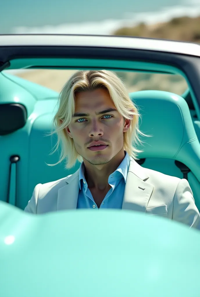 very light blond man with very long, waist-length hair, very straight with large blue eyes and a slightly disproportionate large mouth, with a smile white suit blue shirt driving white blue convertible lamborguine with turquoise interior