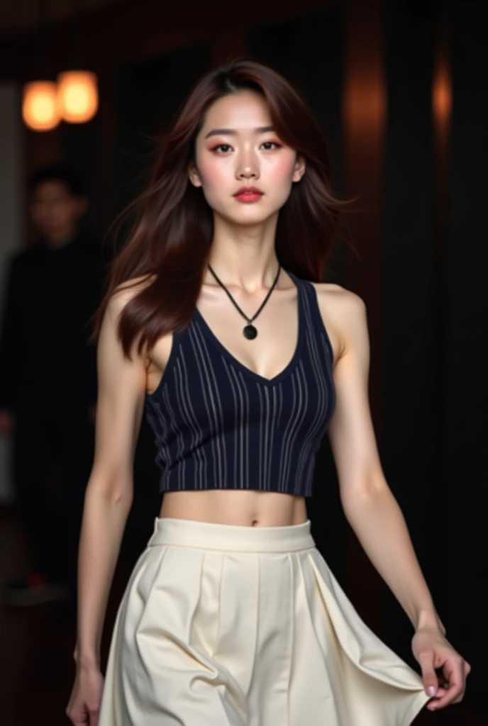 A korean girl wearing a sleeveless cotton croptop and a short white skirt. Long straight black hair. 