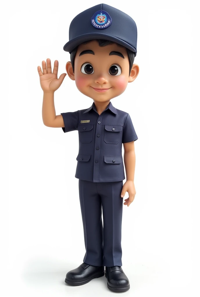 A 3D cartoon illustration of a Thai soldier in a dark blue short-sleeved uniform, slacks and a dark blue hat, standing and doing an okay pose with one hand, with a calm or slightly smiling pose, an emotive anime-style big eye, and a cute little body typica...