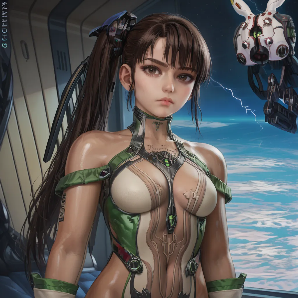 A futuristic woman wearing metal-ceramic hybrid armor and bionic angel wings on her shoulders, with ultra-detailed depiction, movie-level sci-fi concept art, and high realism.  She has a dark side ponytail, bright brown eyes, white fingerless gloves, and a...