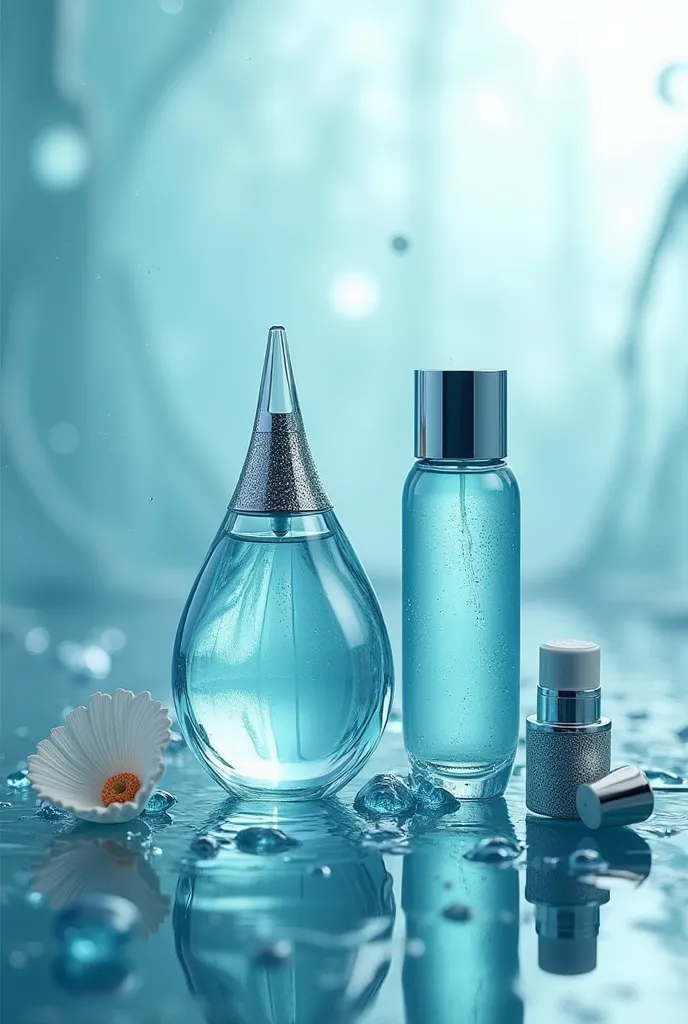 I want you to create an image of 3 products from the same line. perfume,  hydrating  e desodorante. I want you to create the image of these products!

Perfume : o frasco dPerfume  pode ser de vidro e elegante, sculpted to resemble a drop of water, with a s...