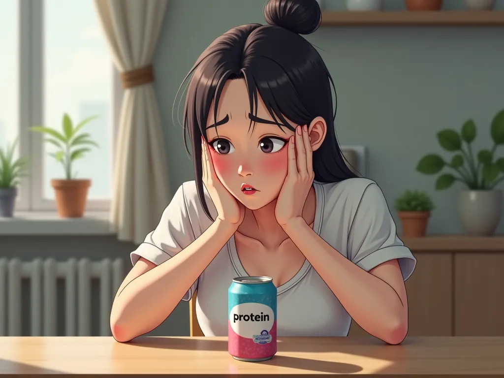 Korean woman having trouble drinking protein shakes, A can with protein written on it is placed on the table.
