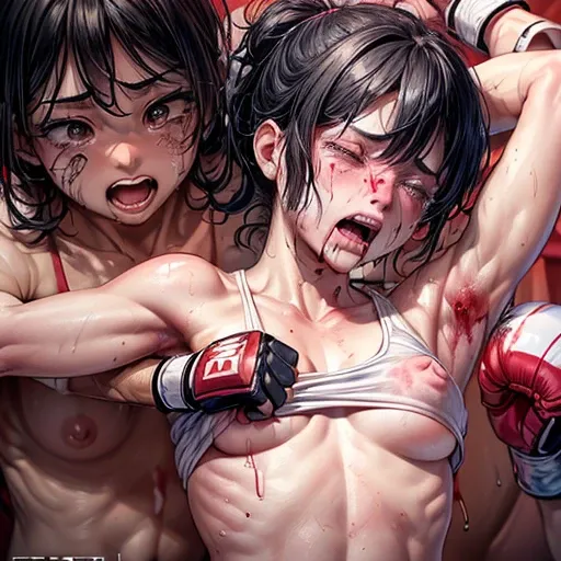 (((((The opponent's fist is digging into her stomach))))). (((two girl fighters are fighting in the octagon fighting ring of underground arena))). (((a bloody girl fighter is in big pain))). (((((A girl fighter is striking into a crying bloody girl fighter...