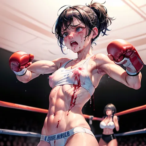 (((((The opponent's fist is digging into her stomach))))). (((two girl fighters are fighting in the octagon fighting ring of underground arena))). (((a bloody girl fighter is in big pain))). (((((A girl fighter is striking into a crying bloody girl fighter...