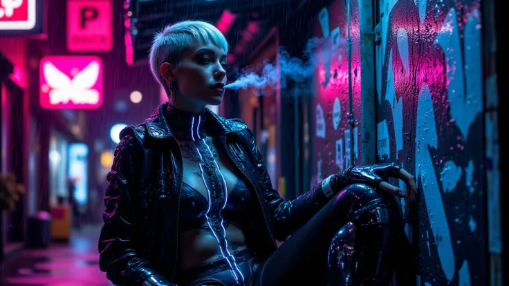 Alone in a rain-soaked alley, a woman with a shaved platinum-blonde undercut leans against a graffiti-covered neon wall, her exposed cybernetic arm gleaming under the pink and blue city glow. She wears nothing but an oversized, futuristic leather jacket le...