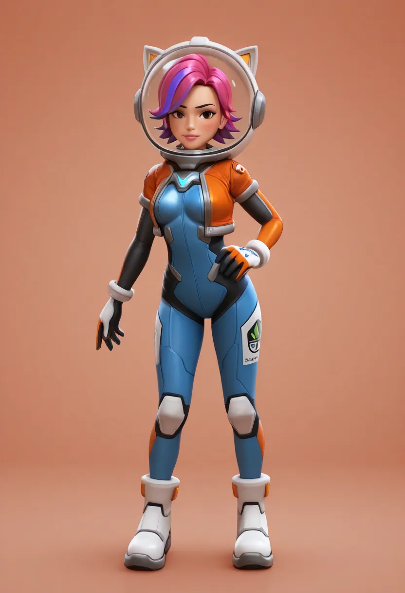 Fiona The Fox (Sonic x) overwatch, 3d, cgi, purple hair, multicolored hair, short hair, bangs, streaked hair, pink hair, brown eyes, , space helmet, spacesuit, blue bodysuit, cropped jacket, multicolored gloves, orange jacket,Bright Room Background