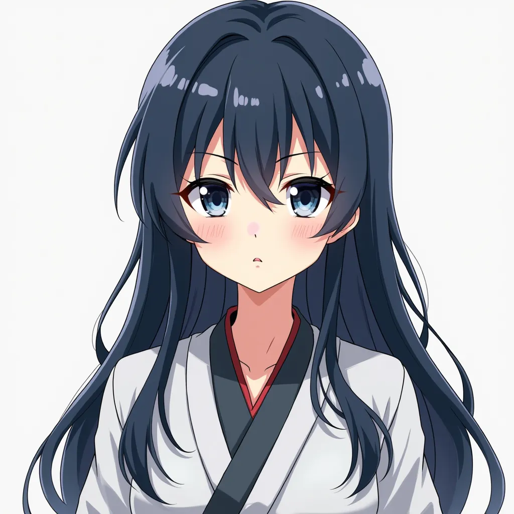 Can you create a picture of an anime character from my imagination

My father has the same hair color as Megumi's hair. Her hair is long, slightly thick, shiny and soft like that, but the character is female

The color of her eyes is a dark dark blue and h...