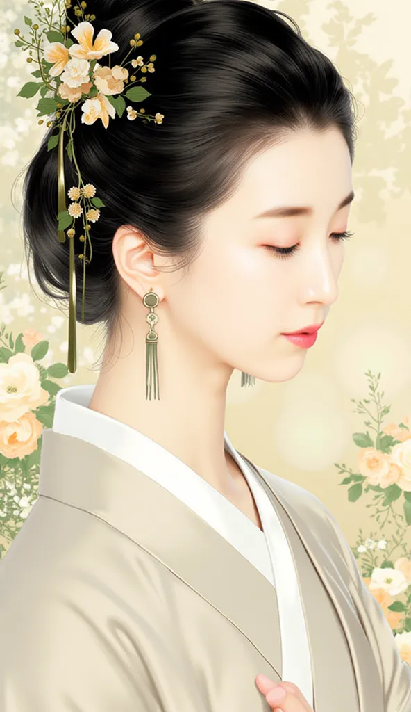 ar311 a painting or a digital artwork that portrays a serene and elegant woman in traditional attire. The woman is depicted in a soft, pastel-colored background with delicate floral patterns, enhancing the tranquil and classical atmosphere. Her hair is int...