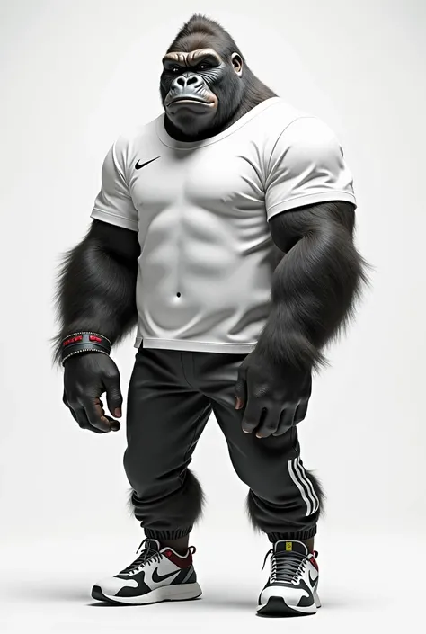 Photo of a gorilla with a wrinkled face, Adidas jersey, Nike red sneakers and marqueiro pants.