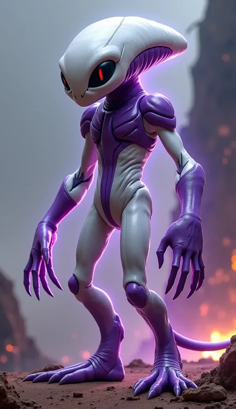 Create an image of an alien humanoid with smooth, white skin and purple accents on its body. The creature has a lean, muscular build with a compact frame, standing at about 5 feet tall. It has a large, oval-shaped head with smooth, dome-like top and no hai...