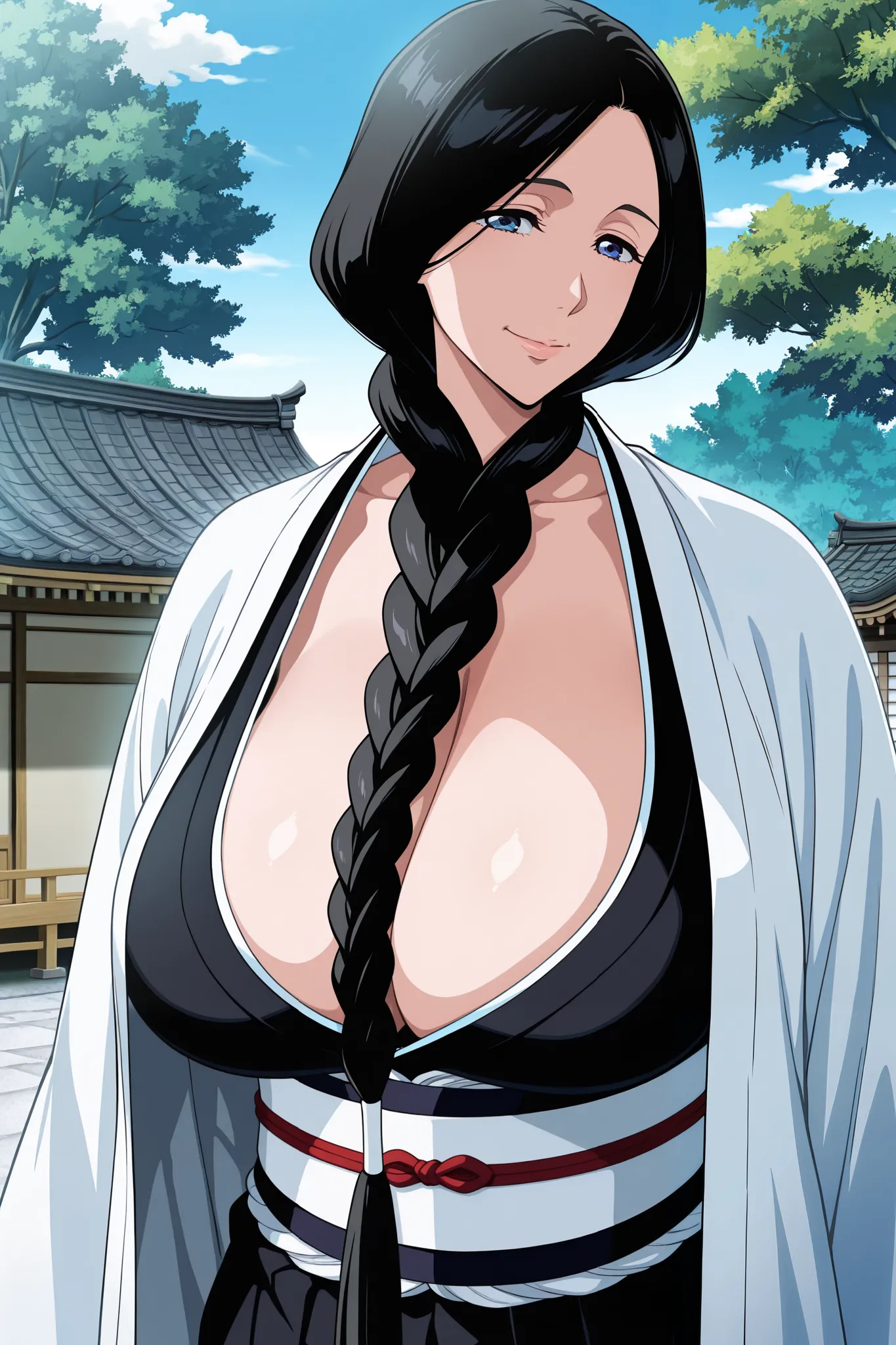 masterpiece,best quality, amazing quality, very aesthetic,anime screencap ,1girl, solo, run0hana, black hair, single braid, dark blue eyes, huge breasts, white haori, wide sleeves, black kimono, obi, black hakama,cleavage, looking at viewer,mature female, ...