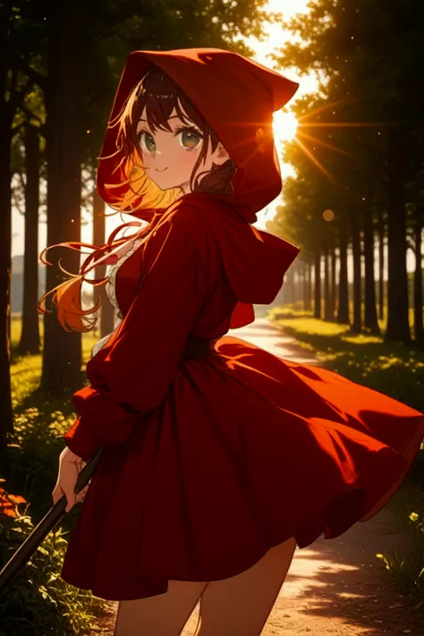 Little Red Riding Hood,cute expression,Holding an Axe, in the woods,Grove, sunlight, Soft Shadows,real,4K Graphics,Photo Level Details,person looking back,High Dynamic Range,studio lighting where part of the naked body is visible,Extreme Details,vibrant co...