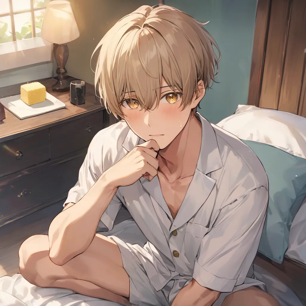 (masterpiece, High Resolution, best quality), adult male、1 male, adults、Beige Hair、watching viewers、not wearing sponges、Sit down, brother、angle from slightly above、Shoulders visible、 pajamas、adultsの男性、place right hand between legs、blush、 crying face、Golden...