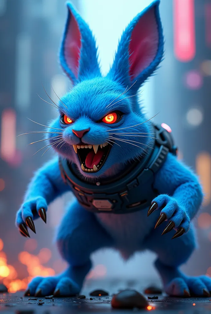 A cyberpunk 3d fury rabbit in blue detail