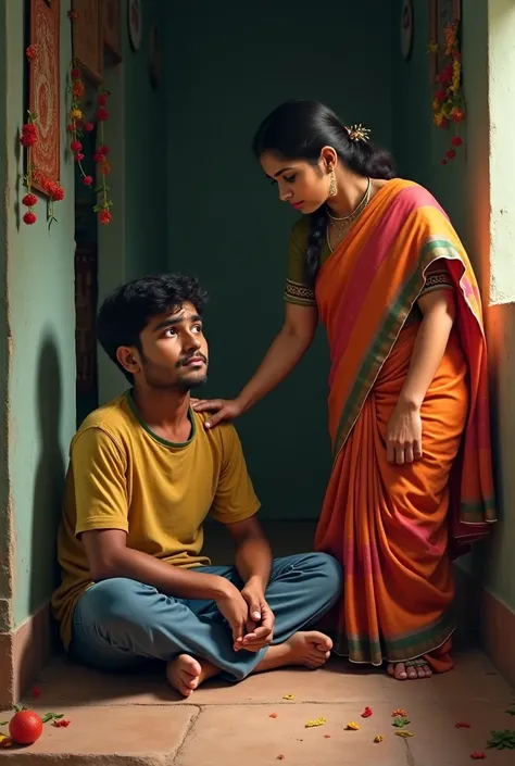 Ravi sitting on the floor of his small house, looking worried. His mother, an Indian woman in a simple saree, places her hand on his shoulder, smiling encouragingly.