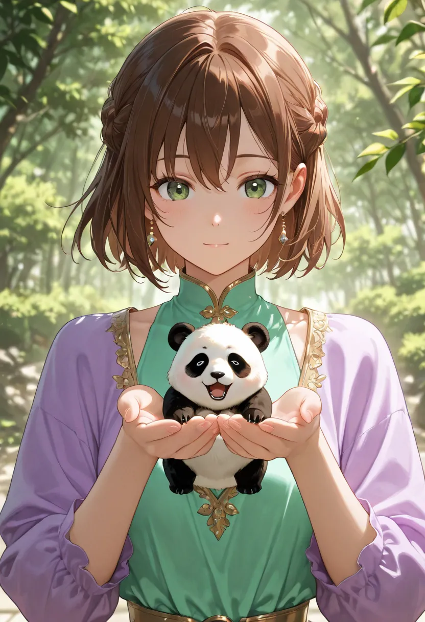 Anime girl with brown hair and green eyes, holding a panda in her hands. She is dressed in either a beautiful purple-green outfit. High resolution, detailed image, in anime style.