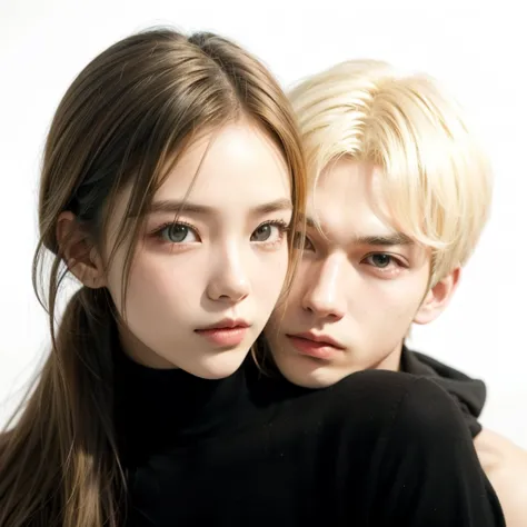 blond haired girl and boy posing for a picture in a studio, sakimichan and frank franzzeta, nixeu and sakimichan, [ realistic photo ]!!, jia, yanjun chengt, leaked image, by Tadashi Nakayama, jinyoung shin, ji-min, ruan jia and brom, catalog photo, with iv...