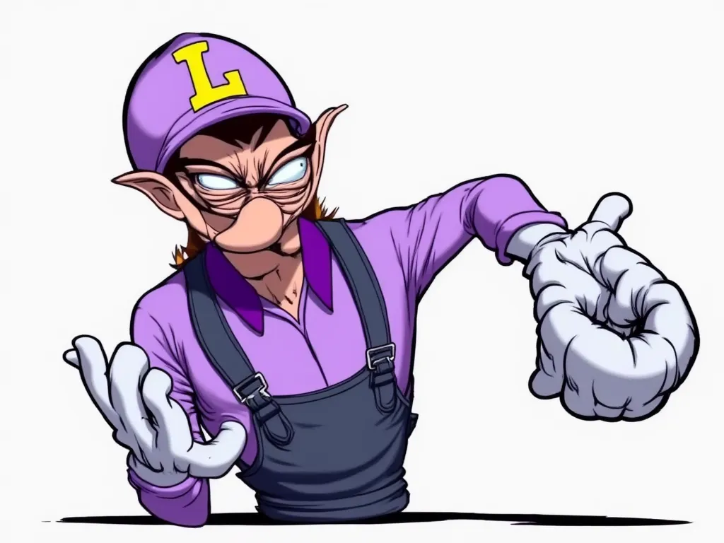 SUBJECT: Waluigi from Mario video games
CORE DESCRIPTORS:
1Waluigi, 1man, video game character
STYLE & ERA:
3d_rendered, modern, cartoon_exaggerated_proportions
BODY STRUCTURE:
lanky_humanoid, 2_arms_2_legs, angular_jointed_limbs, smooth_cartoon_texture
HE...