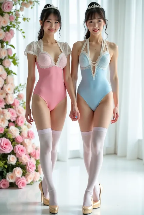 realistic pictures" 8K product"high image quality"top quality"masterpiece"focused"Two beautiful slender Japanese people wearing white see-through boleros and white thigh high stockings, high heels, and tiaras "wearing a high cut ballet leotard"wearing whit...