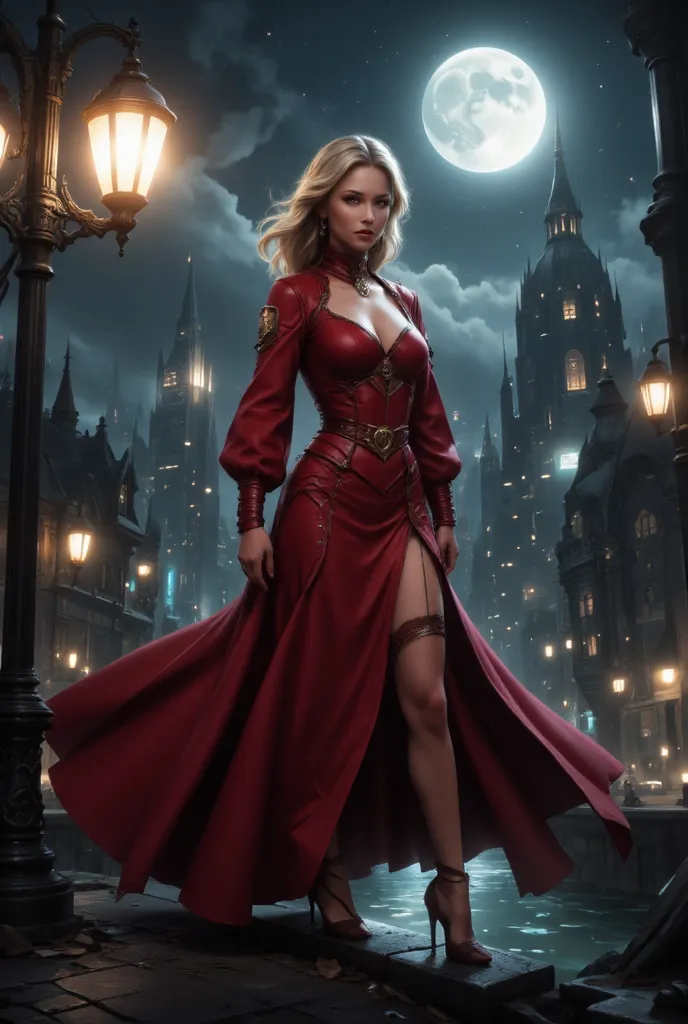 comic art, fantasy art, RPG art, ultra wide shot, a picture of a mysterious woman standing under the steampunk streetlamp, in the big city, a beautiful mature woman, elegant woman, dynamic hair color, dynamic hair style, wearing intricate deep red leather ...