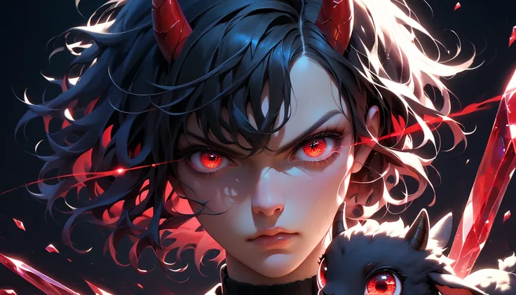 1girl, short black hair, red crystal eyes, ultra close up shot on eyes, angry face, glowing eye trail, black lamb horn, semi-realistic, ultra detail, sharp image, dark background