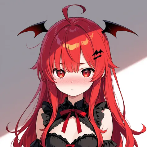 1girl, Solo, Looking at viewer, red and white Hair, short breasts, Nose Blush, Bangs, Red Eyes, Simple background, Out Of Frame, Hair Clip, Hair Ribbon, Torogao,Very Long Hair, Ahoge, Devil Pupils