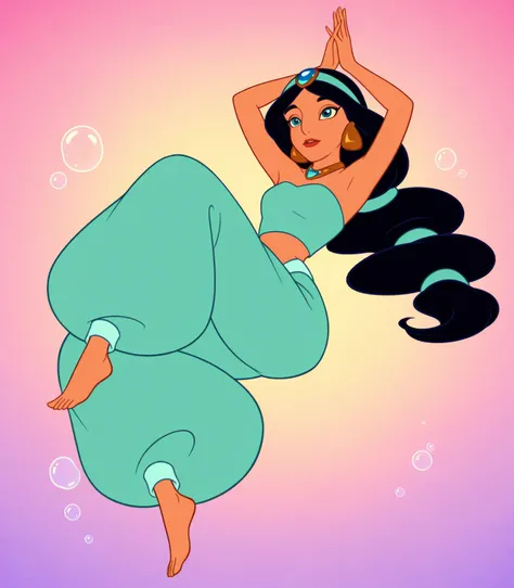 Princess Jasmine, wearing harem pants, lies and relaxes on an inflated bubble, crossing her legs and placing her hands behind her head. An inflatable bubble floats in the air.
