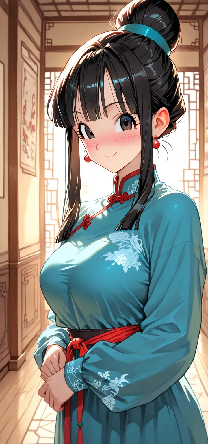 1girl, Chi-Chi (Dragon Ball Z), anime, half-body, looking at viewer, warm smile, visible blush  
Long black hair, high bun with loose strands, dark eyes  
Traditional Chinese-style dress, elegant, feminine build  
Cozy room background, warm lighting, homey...