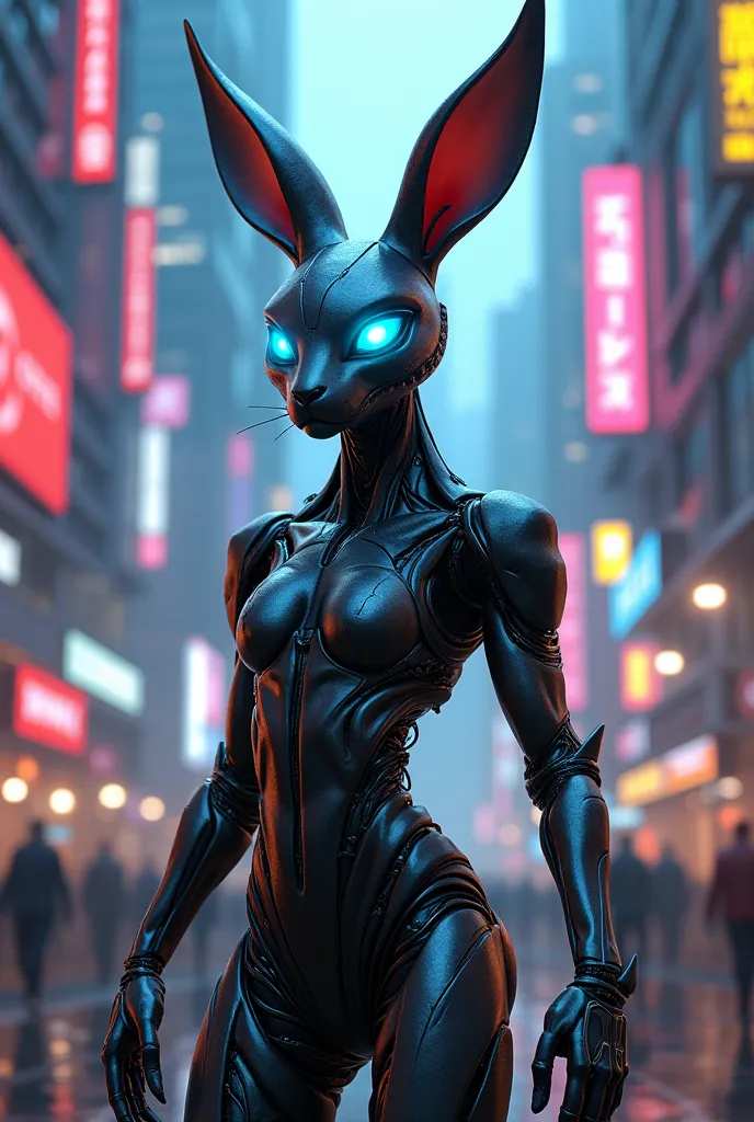 a cyberpunk humanoid rabbit with blue eyes