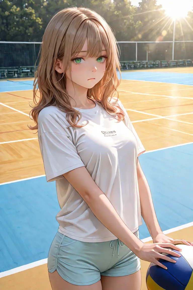 light brown hair、medium hair、green eyes、Volleyball Court、t-shirt、 shorts 、dissatisfied face