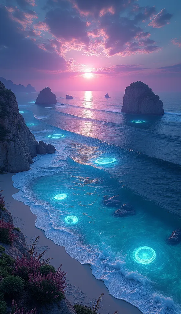 "A breathtaking alien ocean stretching endlessly, its surface shimmering with deep sapphire and iridescent violet hues. The waves ripple with an unnatural rhythm, glowing faintly with bioluminescent energy, leaving behind a soft, ethereal glow as they touc...