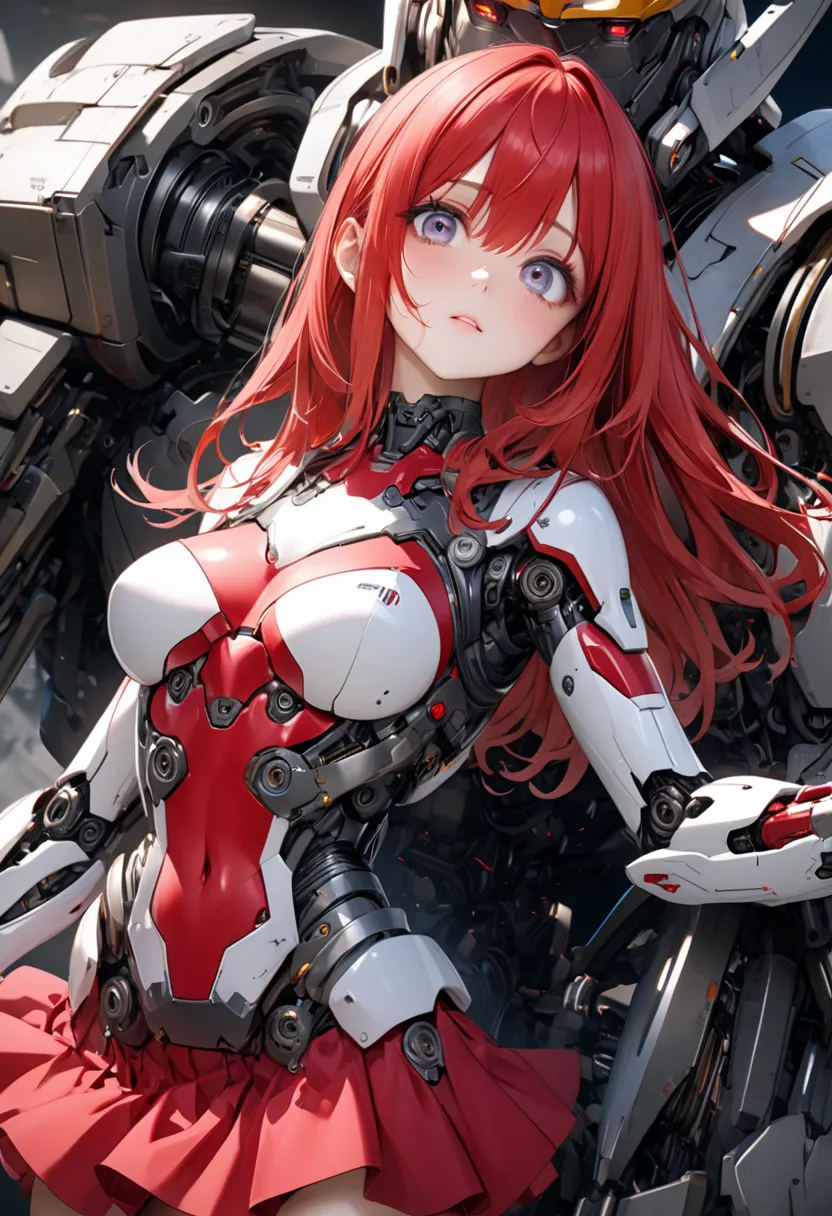 Anime Girls with red hair and a red skirt holding a robot hand,  anime manga robot !! Anime Girls, mechanized soldier girl, Ultra High Definition、masterpiece、correct、anatomically correct、textured skin、very detailed、high detail、highest quality、High Resoluti...