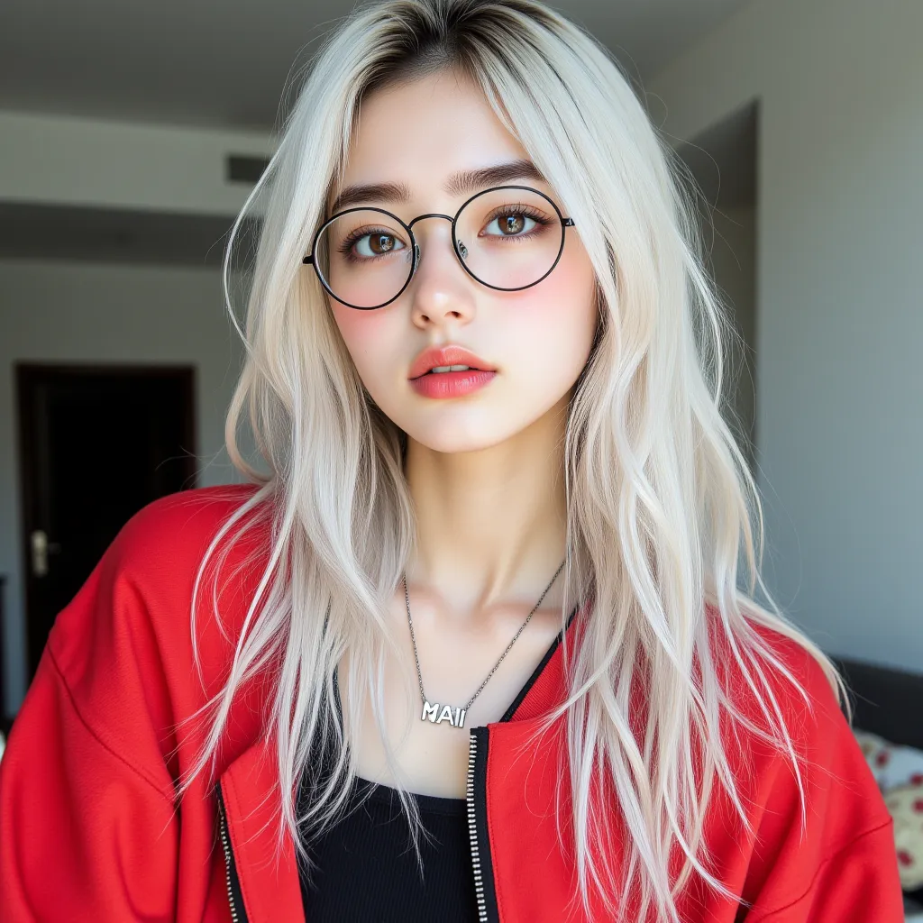 8k, masterpiece, highest quality, Korea's Beautiful Women, wearing necklace with name "MAI" , headshot, straight long white hair, partially obscured face, dark eyebrows, dark eye makeup, thick eyelashes, direct gaze, no smile, subtle beach wave, warm grey ...