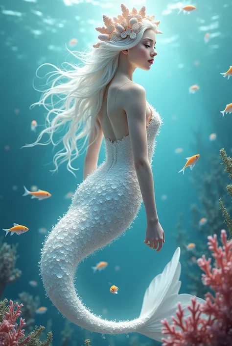 White mermaid with seashell headdress and white sequin tail 