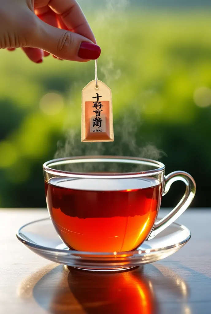 beautiful, delicate y fina taza de té de vidrio transparente con té marron claro en su interior, hot and steaming, on a polished wooden table,  About the , hanging about 3 cm away, a tea bag held by the label by a woman's hand, delicate, on the label of th...