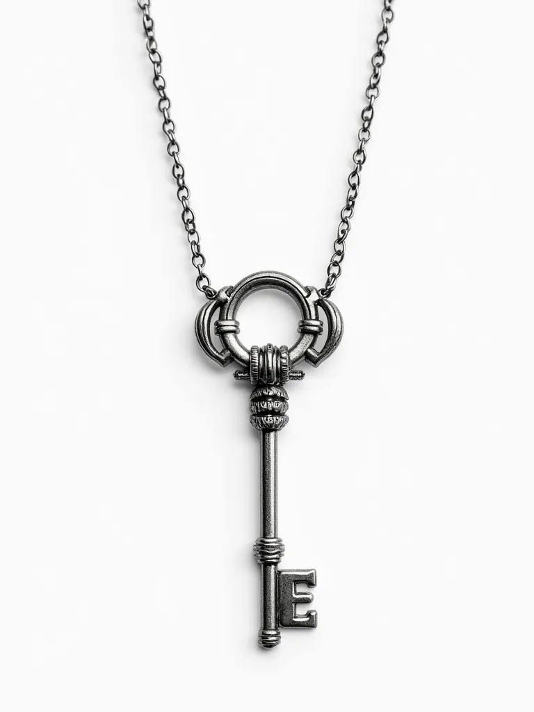 Create an image of a silver sautoir necklace named 'DARKNET KEY'. The necklace should feature a key pendant designed with futuristic, tech-inspired details, symbolizing access to a hidden, encrypted world. The background should be plain white.