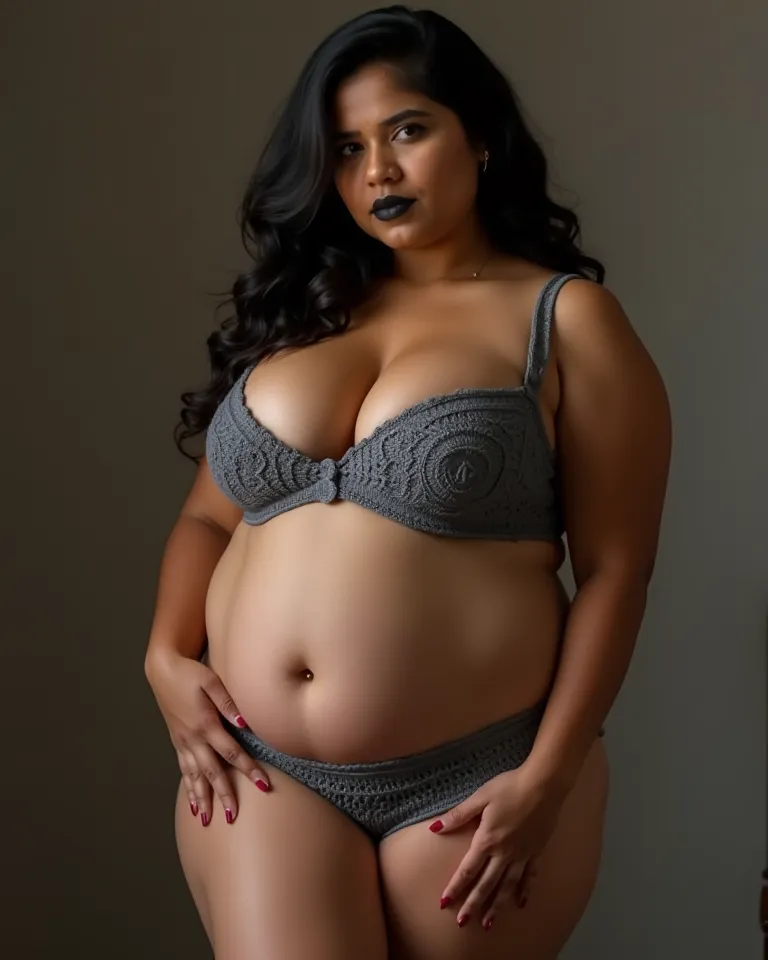 Indian chubby girl with big breast wearing gray crochet knickers with revailing belly and thighs, hourglass body, black lips , wavy hairs, deep clevege,standing ,full body, in low light old hud,42d breast,  sexy pose, 