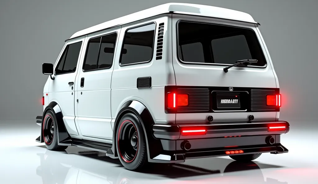 3D render of a heavily modified (1977 Honda acty van )in (white )colour, (side view) The car features , ultra-high-detail glossy and shiny modifications, including sleek add-ons. The (1977 Honda acty van) logo is prominently displayed on the, the (lights) ...