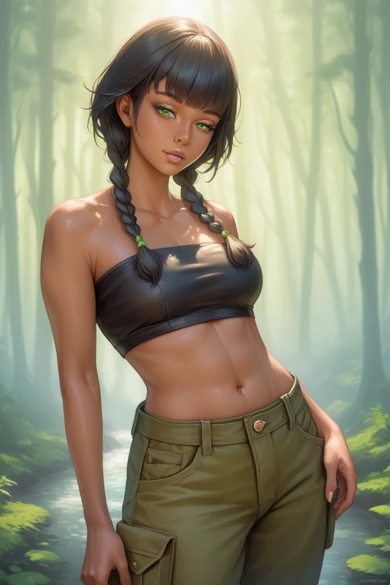 1 girl, short black hair, 4 small braids, bangs, dark skinned, black tube top, moss-green cargo pants, half closed eyes