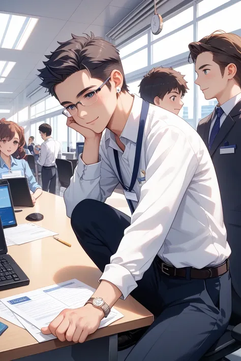 Images of people in the procurement department　anime style　Negotiate terms with suppliers at the office　meeting　Boy in a suit 　accessories