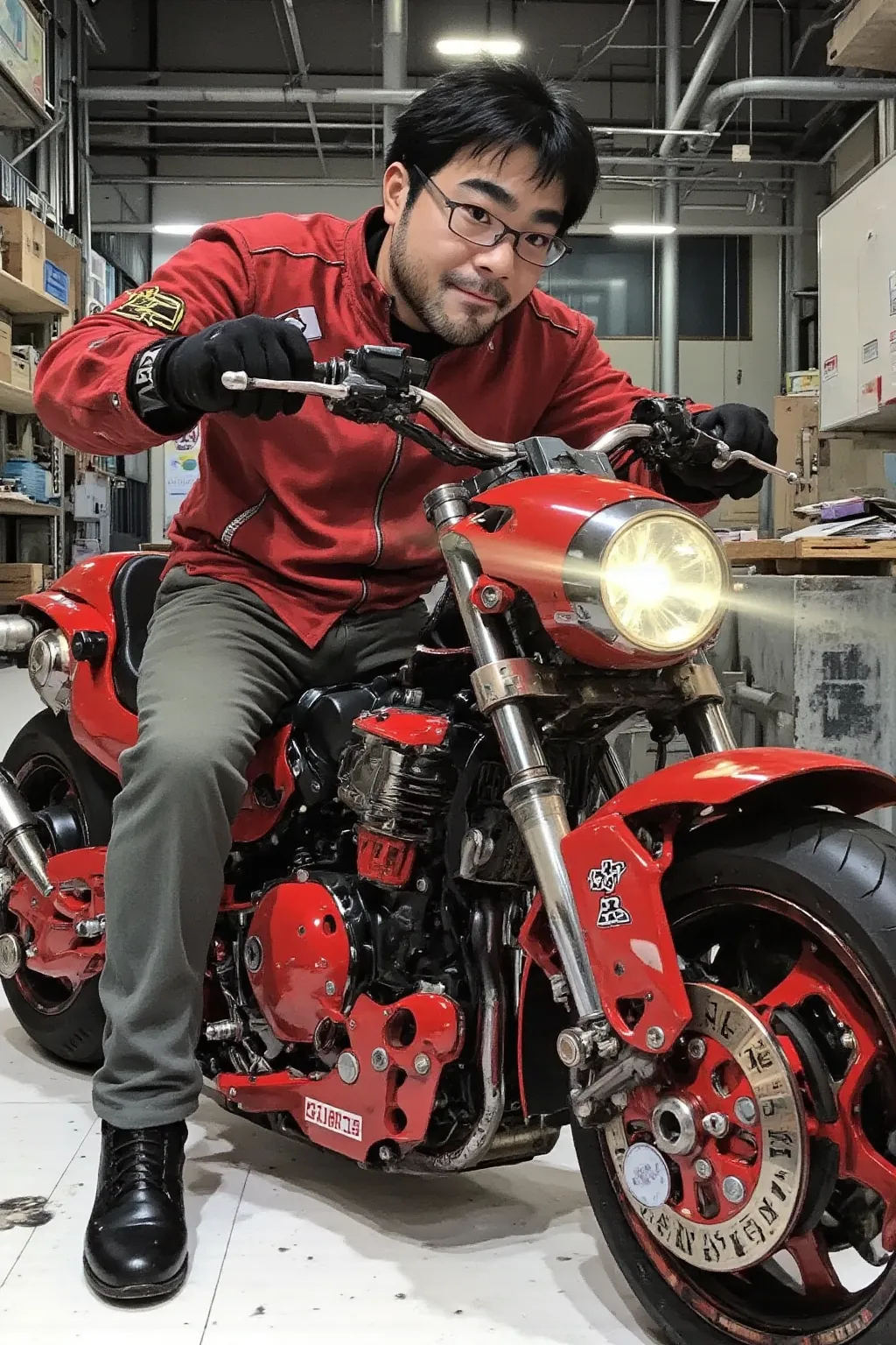 akira bike, masterpiece,   excellent quality,Milonish, cinematic experience  ,  very well detailed,  best illustration,  Ultra-fine,16k,  wallpaper,  Cyberpunk ,  Android man riding a red motorcycle, DETAILED FACE DESCRIPTION  , Serious,  Dynamic Angle , T...