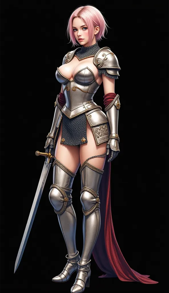 hyper realistic ,best quality,sexy,nice body,  watercolor drawing, masterpiece, detailed, warrior girl, random haircut, random color hair, chainmail,knight armor, armor, plate high heel boots, huge breasts, perfect face, beautiful face, fantasy, ((full bod...